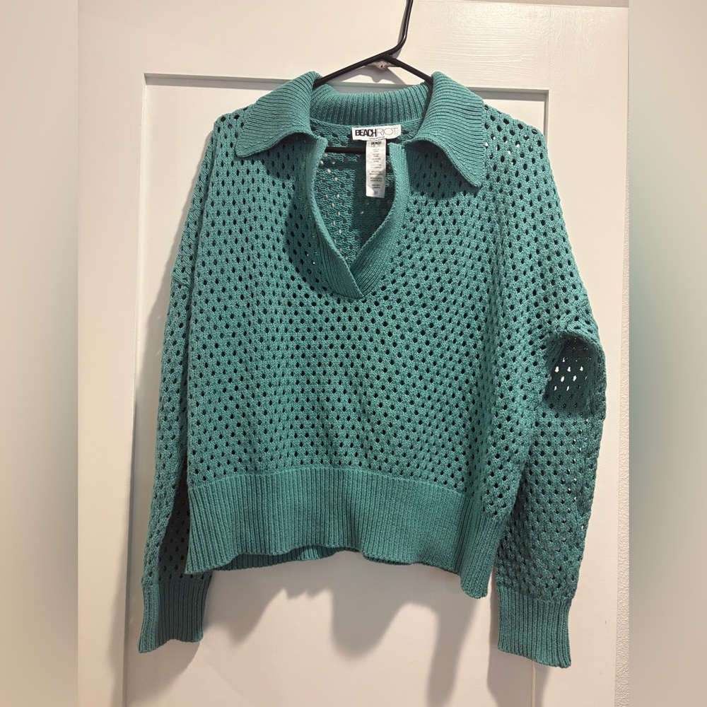 Beach Riot Teal Open-Knit Collared V-Neck Sweater